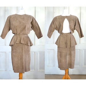 Vintage Suede Leather Dress - 80s Open Back Deco Dress - Peplum Dress - Wilsons Leather Dress