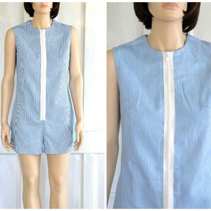 60s Vintage Strampler - Playsuit - Zip Up Blau weiß gestreift