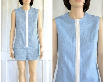 60s Vintage Romper - 70s Mod Playsuit - Zip Up Blue and White Striped
