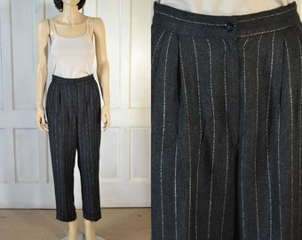 80s Vintage Pinstriped Trousers - 90s High Waisted Pants - Cuffed Pleated Trousers - Charcoal Gray - 26 inch waist - 26 inch inseam