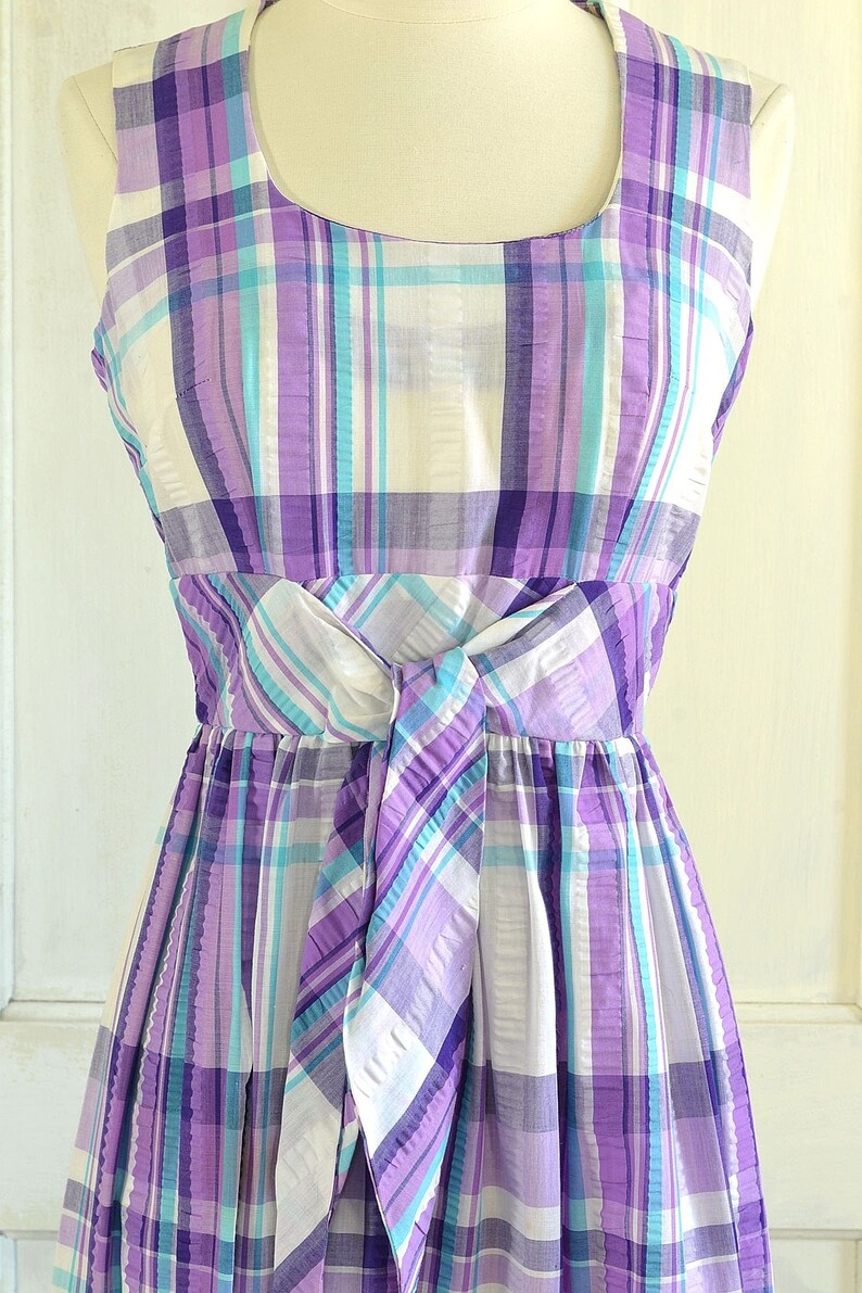 70s Vintage Plaid Seersucker Maxi Dress - 60s Mod Preppy Dress - small image 3
