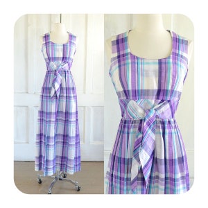 70s Vintage Plaid Seersucker Maxi Dress - 60s Mod Preppy Dress - small image 1