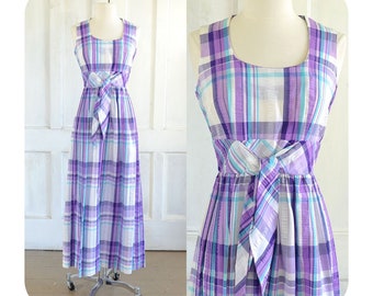 70s Vintage Plaid Seersucker Maxi Dress - 60s Mod Preppy Dress - small