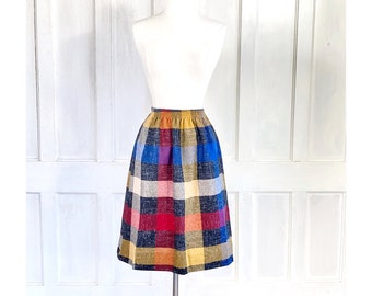 70s Vintage Skirt - Academia - High Waisted Full Skirt- Wool Blend Plaid Skirt - 22 to 28 Inch Elastic Waist