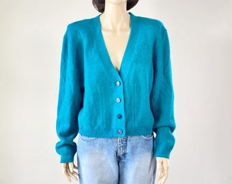 80s Vintage Wool and Angora Cardigan Sweater - 1980s V Neck Cropped Sweater - Cable Knit Details