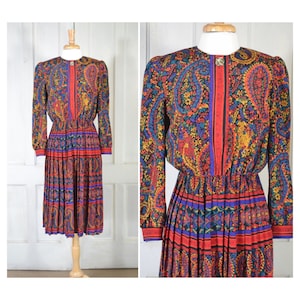 80s Vintage Lady Carol Dress - Vintage Silky Paisley Print Shirtdress - Jewel Colors - Knife Pleated Skirt - 1980s Midi Dress