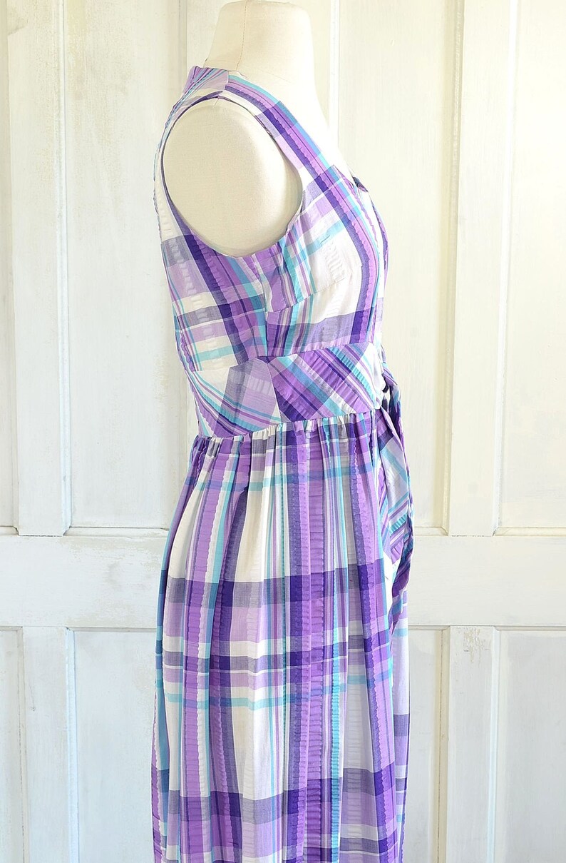 70s Vintage Plaid Seersucker Maxi Dress - 60s Mod Preppy Dress - small image 7