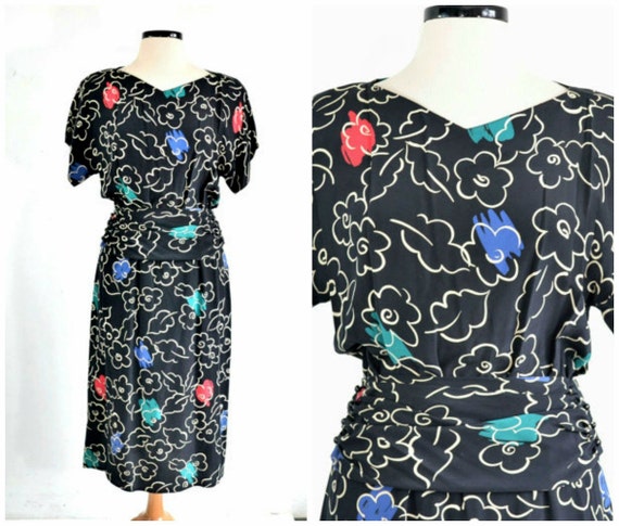 80s Vintage Silk Dress - Oversized Blousy Bodice -