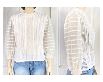 40s Vintage Sheer White  Blouse - Pin Pleated Embroidered Accordion Pleats Puff Sleeve Back Button - 50s Nylon Blouse