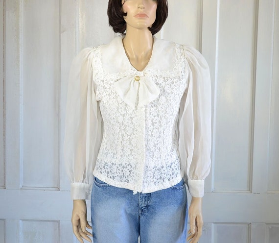 80s Vintage White Lace Blouse - Lace and Chiffon … - image 1