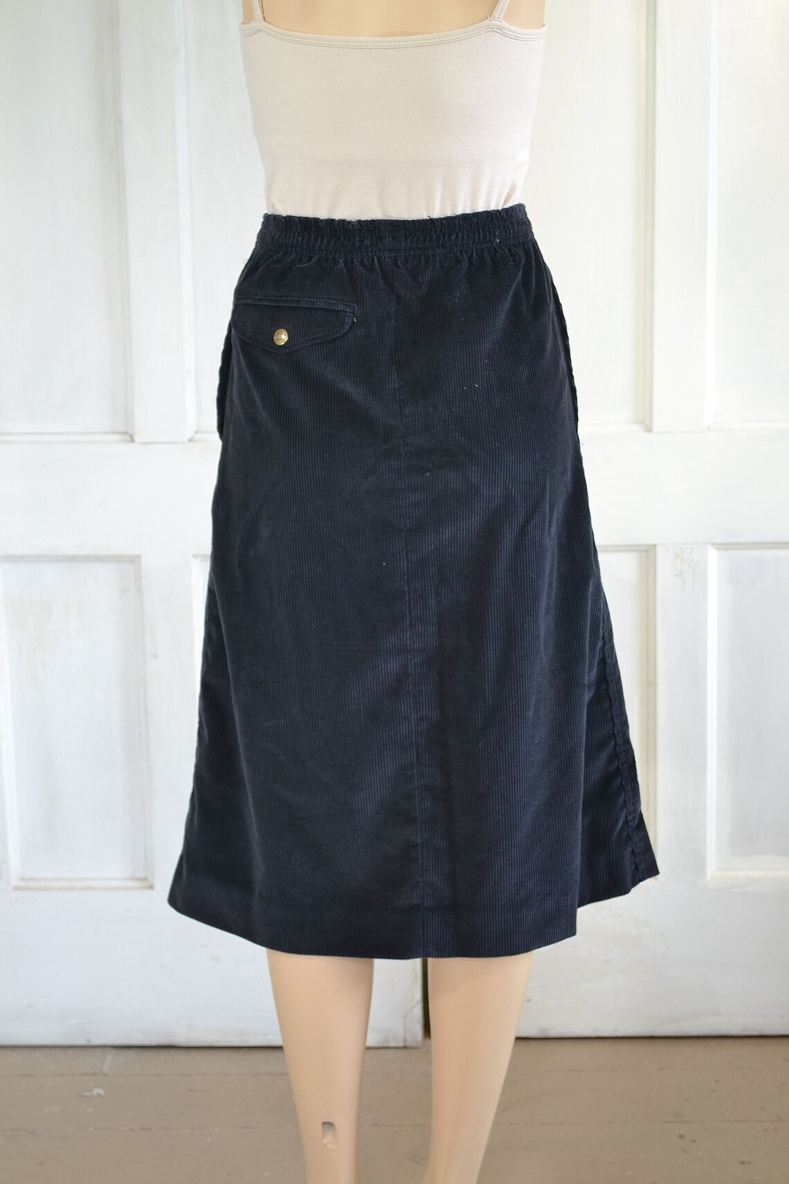 Vintage Black Corduroy Midi Skirt Elastic Waist Pockets | Etsy