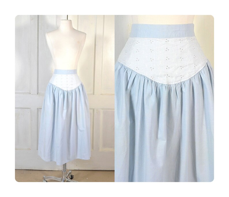 80s Vintage Yoke Skirt - Blue Cotton Chambray and White Eyelet - High Waist Midi Skirt - 25 inch waist