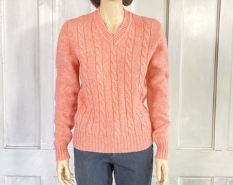 Vintage Wool Cable Knit Sweater - Wool Pullover Sweater - Heather Pink 80s Preppy V Neck Sweater - Abbey Sportswear Bermuda