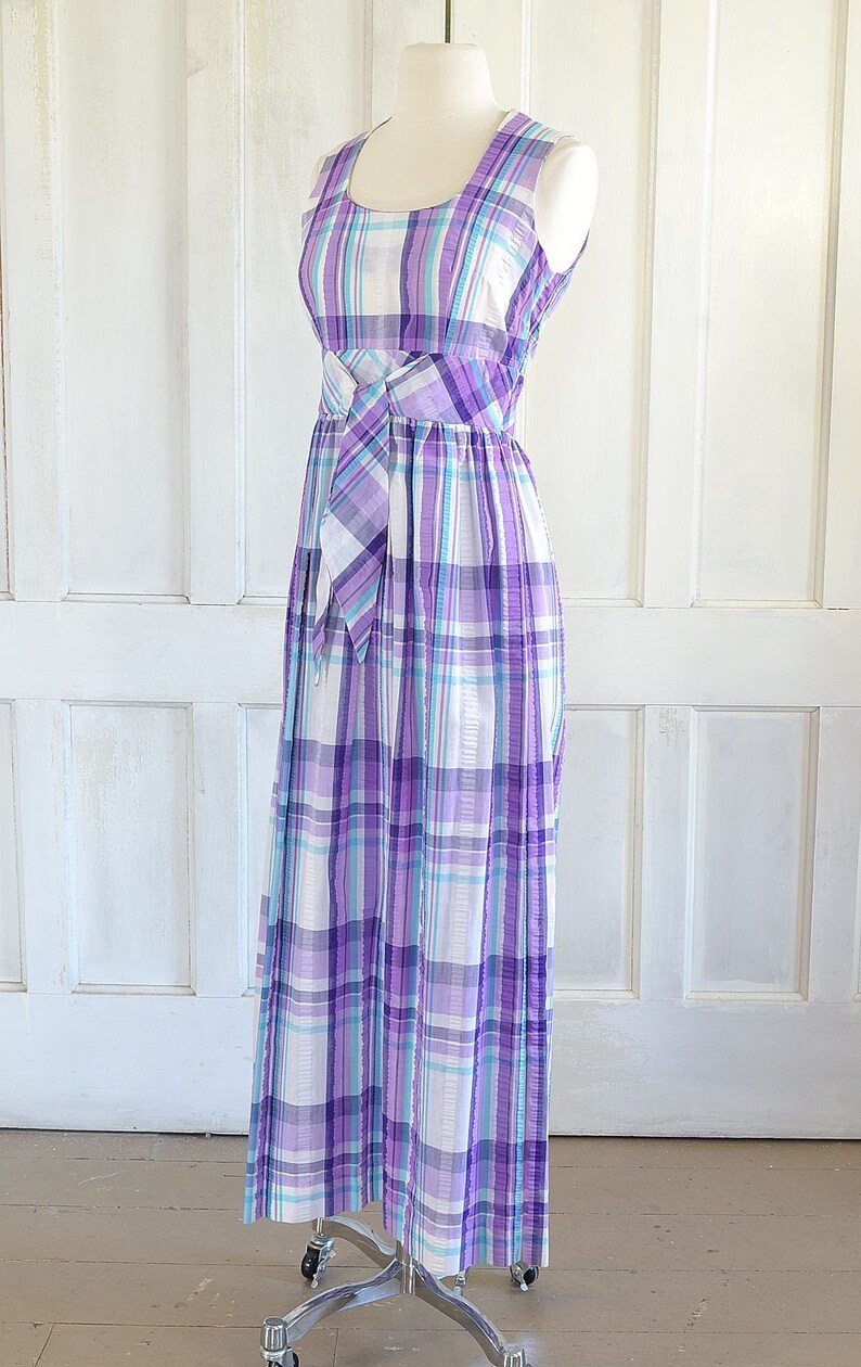 70s Vintage Plaid Seersucker Maxi Dress - 60s Mod Preppy Dress - small image 4