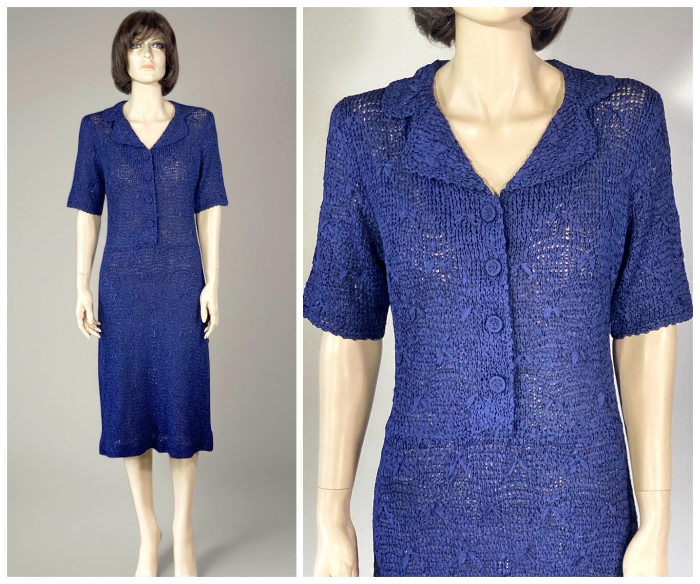 1940s Ribbon Dress - 40s Navy Blue Ribbon Crochet Dress - Collared