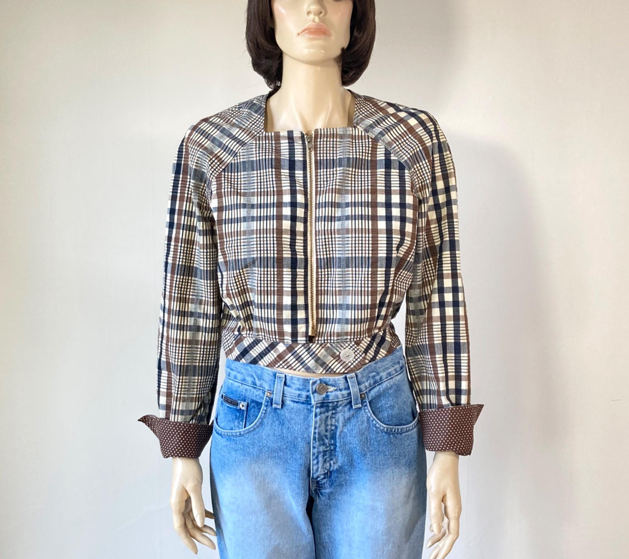 ジャケット・アウター 60s-70s Vintage Crazy Vintage Work JKT Vintage 70s Seersucker Cropped Shirt Jacket - 1970s Plaid and