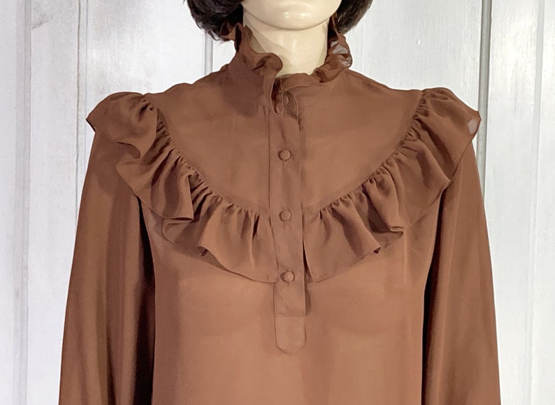 Puede incluir: Una blusa marr&oacute;n de gasa con un cuello alto con volantes y cierre de botones en la parte delantera. La blusa tiene volantes a lo largo del escote y los hombros.