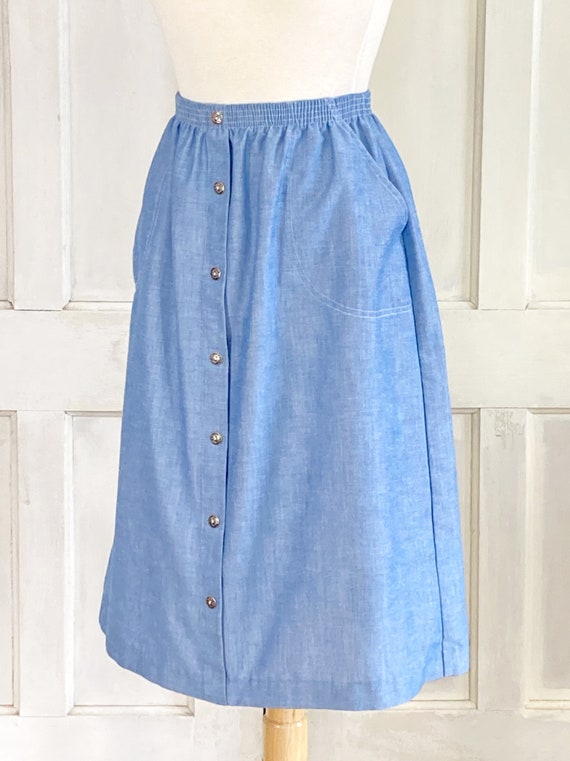 80s Vintage Blue Chambray Skirt - Faux Button Fro… - image 6