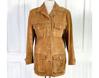 Vintage 70s-80s Virginia Slims Wear Golden Brown Pig Suede Leather Safari Style Button Front Jacket - Women’s