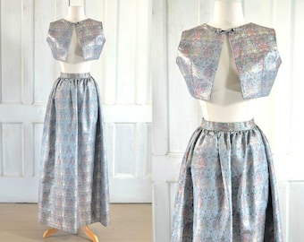 70s Vintage Adolfo Silk Brocade Evening Set - Bolero Vest and Maxi Skirt - Shimmering Metallic Botanical Brocade - Maxi Dress