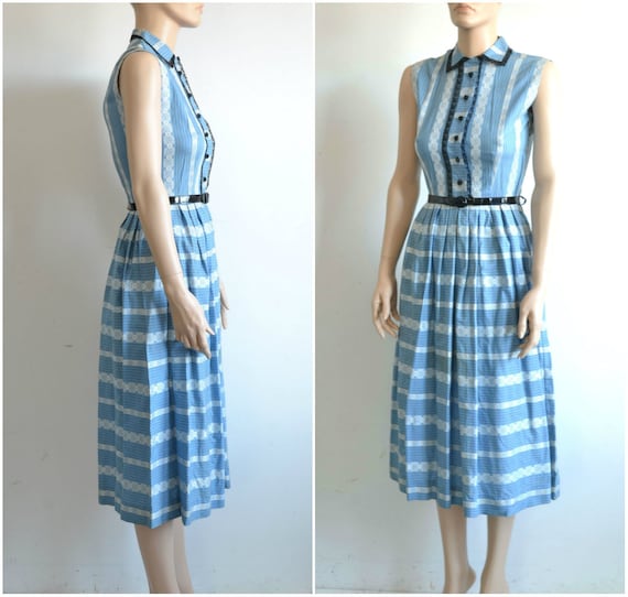 50s Vintage Dress - Sleeveless Cotton Shirt Dress… - image 3