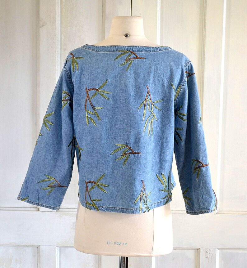 90s Denim Crop Top Embroidered Denim Blouse