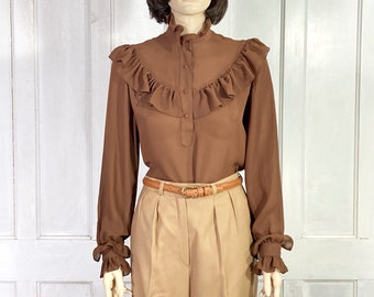 Blusa vintage de los 80 con volantes - Blusa semitransparente de los 70 - Blusa marrón - Blusa de estilo victoriano
