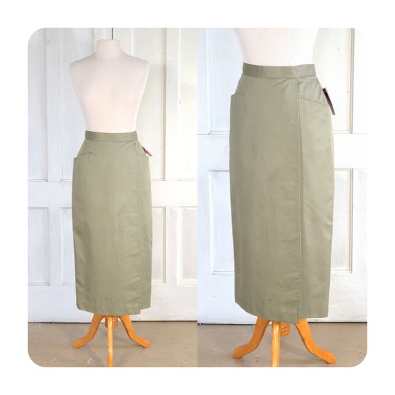 80s Vintage Liz Claiborne Skirt Midi Pencil Skirt NOS Wrap Skirt Olive Khaki Cotton Skirt With Pockets 32 Inch Waist Etsy