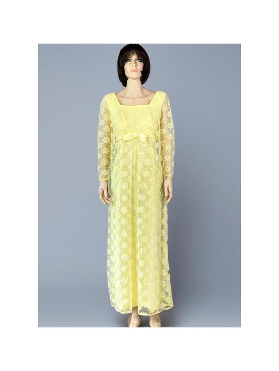60's Yellow Lace Dress / Vintage Long Gown / 1960s Bridesmaid Gown / Empire Waist Bow Dress - Prom Wedding