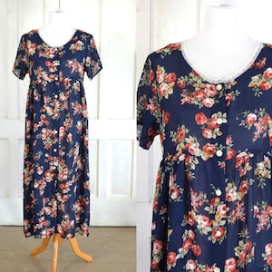 90s Vintage Sheer Floral Midi Dress - Grunge Floral Rose Print - Duster Dress - Button Front Maxi Dress - Empire Waist Long Dress