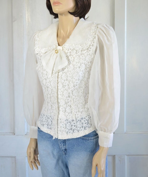 80s Vintage White Lace Blouse - Lace and Chiffon … - image 4