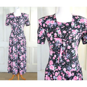 Vintage Lanz Black Floral Dress - Rose Print Midi Dress - Sailor Collar - Jersey Knit - Cottagecore