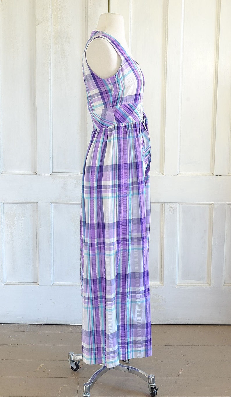 70s Vintage Plaid Seersucker Maxi Dress - 60s Mod Preppy Dress - small image 6