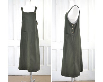 90s Vintage Apron Dress - Olive Twill Midi Dress - Overall Dress