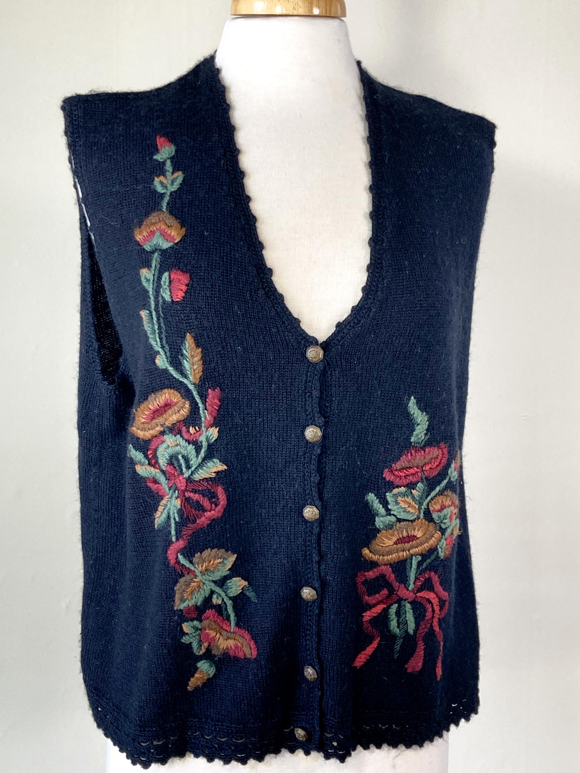 Vintage Embroidered Sweater Vest – 90s Black Floral Knit Cardigan