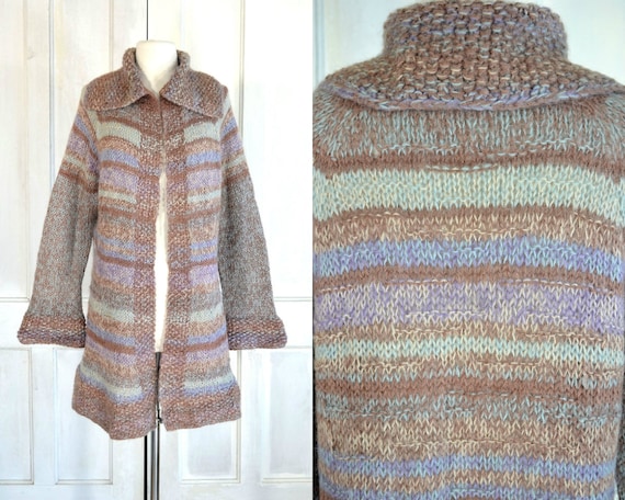 70s Vintage Mohair Wool Sweater Coat 70s Hand Knit Cardigan Open  