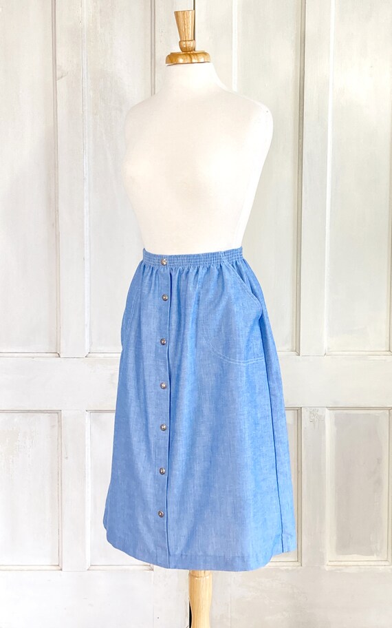 80s Vintage Blue Chambray Skirt - Faux Button Fro… - image 5