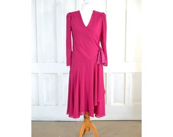 70s Vintage Wrap Dress - Layered Party Dress - Fuchsia V Neck Dress - Side Bow Detail