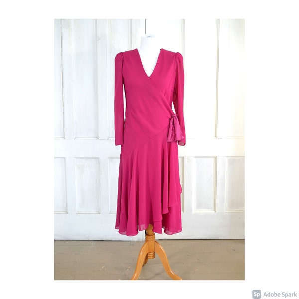 70s Vintage Wrap Dress - Layered Party Dress - Fuchsia V Neck Dress - Side Bow Detail