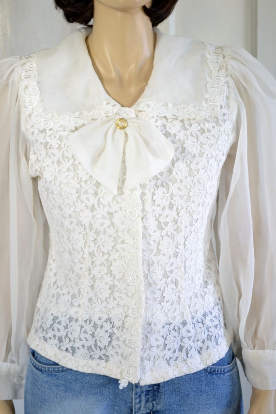 80s Vintage White Lace Blouse - Lace and Chiffon … - image 3