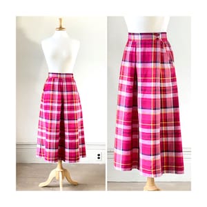 80s Vintage Skirt - High Waisted Long Skirt - Plaid Midi Skirt - Woven Linen Look - 31 inch waist