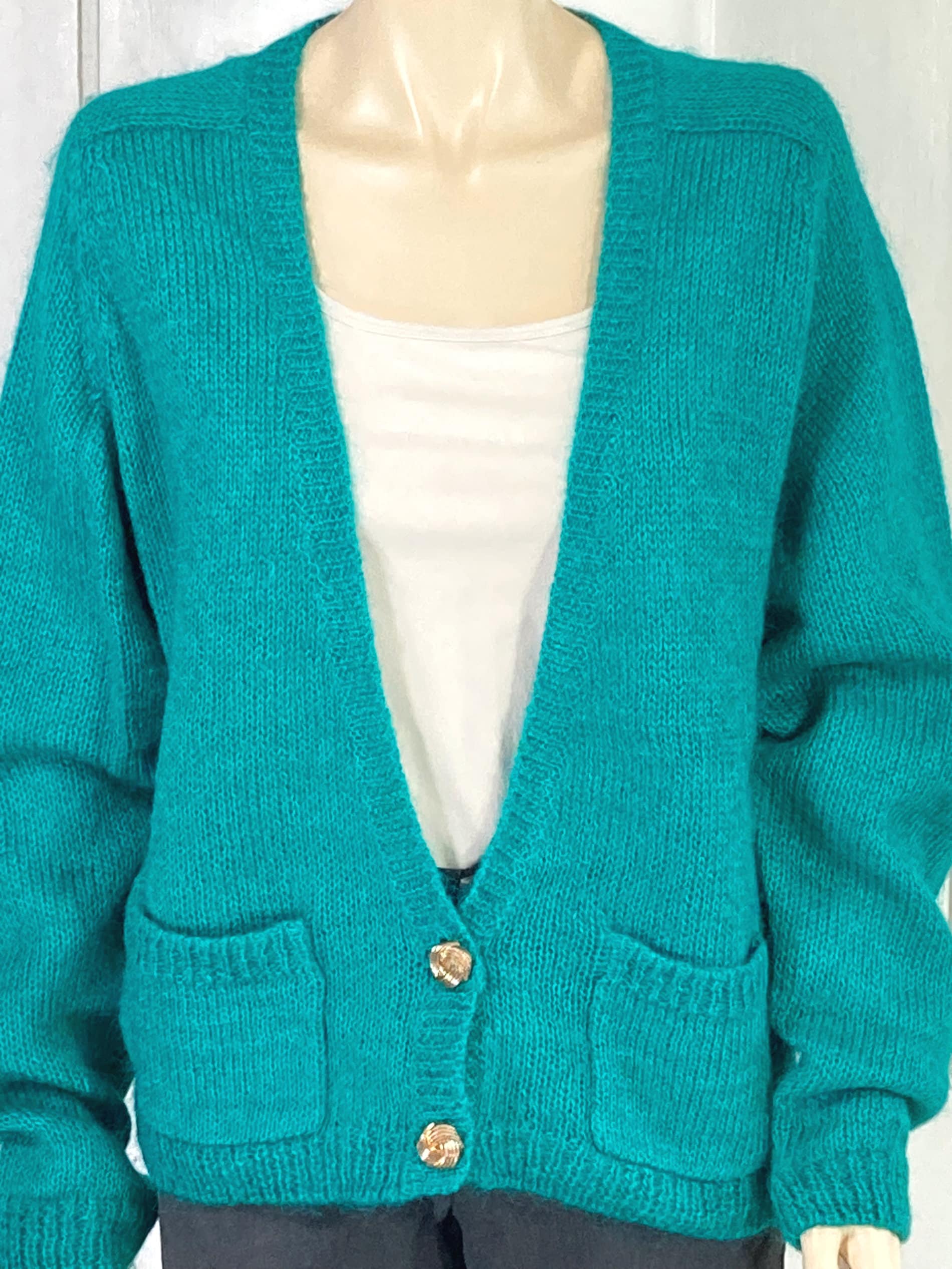 80s Vintage Mohair Cardigan Sweater - 1980s Oversized Deep V Neck