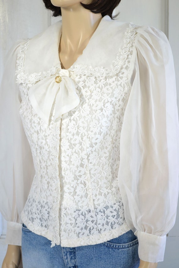 80s Vintage White Lace Blouse - Lace and Chiffon … - image 5