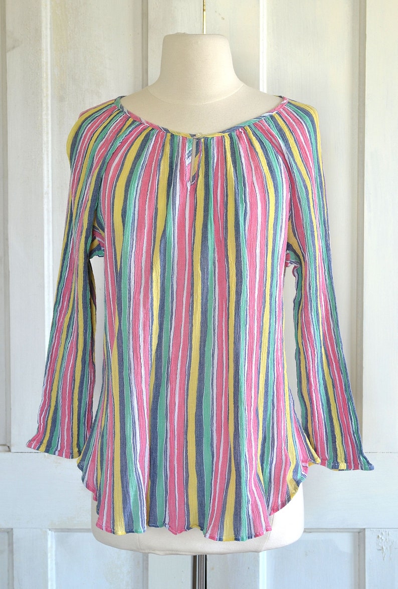 70s Cotton Gauze Striped Blouse Boho Tunic Top Hippie Etsy