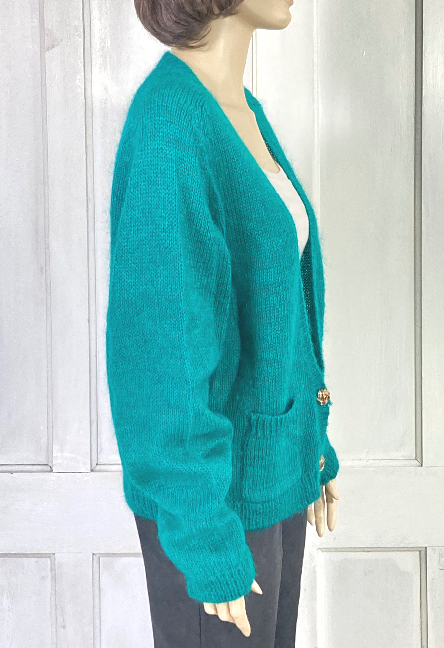 80s Vintage Mohair Cardigan Sweater - 1980s Oversized Deep V Neck