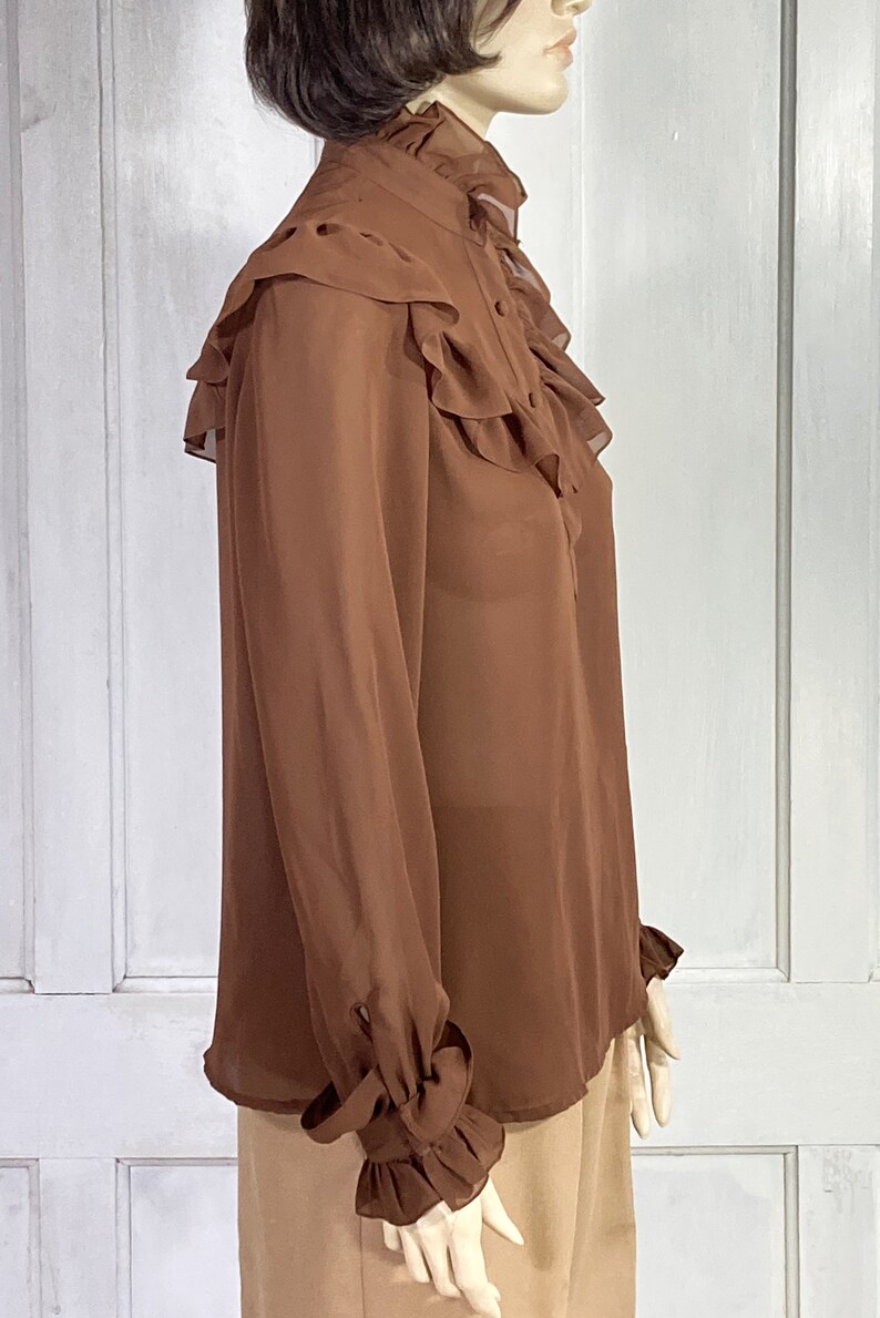 Puede incluir: Una blusa marr&oacute;n de manga larga con un cuello alto con volantes y pu&ntilde;os con volantes. La blusa est&aacute; hecha de una tela transparente.