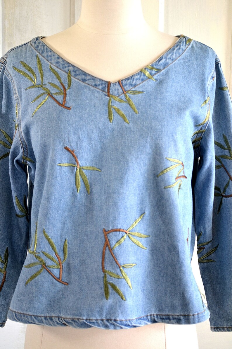 90s Denim Crop Top Embroidered Denim Blouse