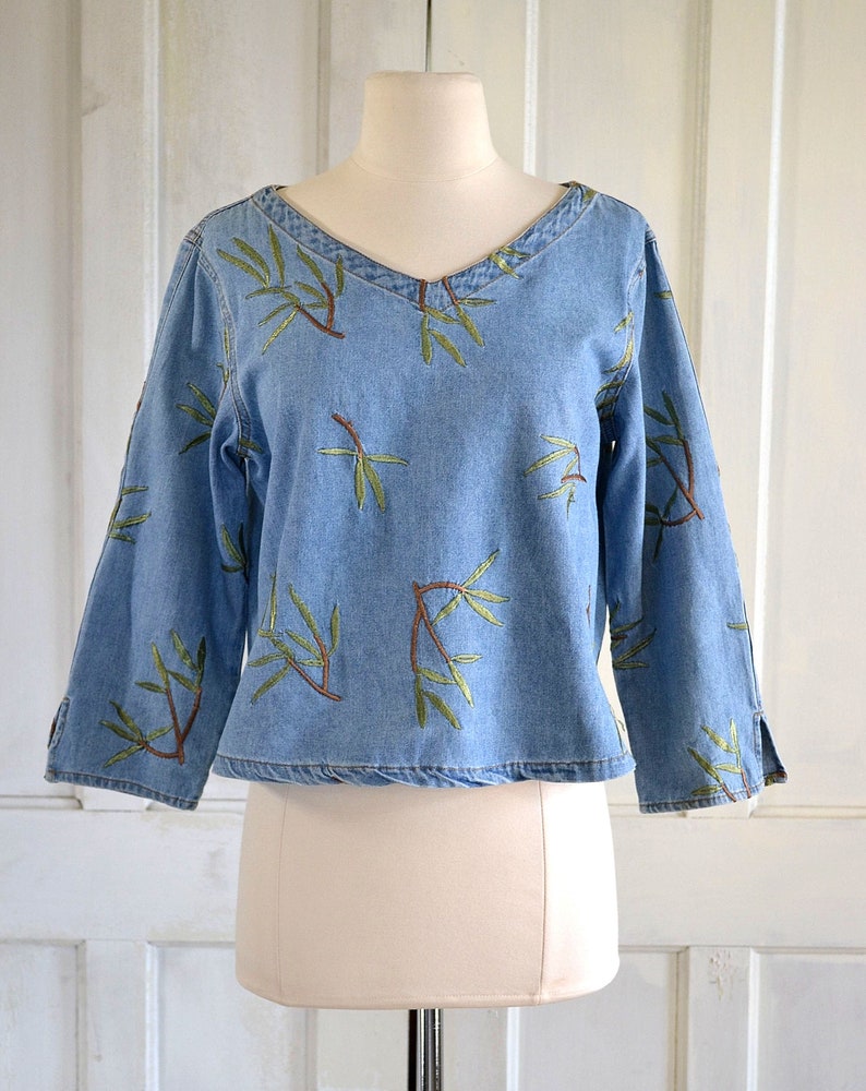 90s Denim Crop Top Embroidered Denim Blouse