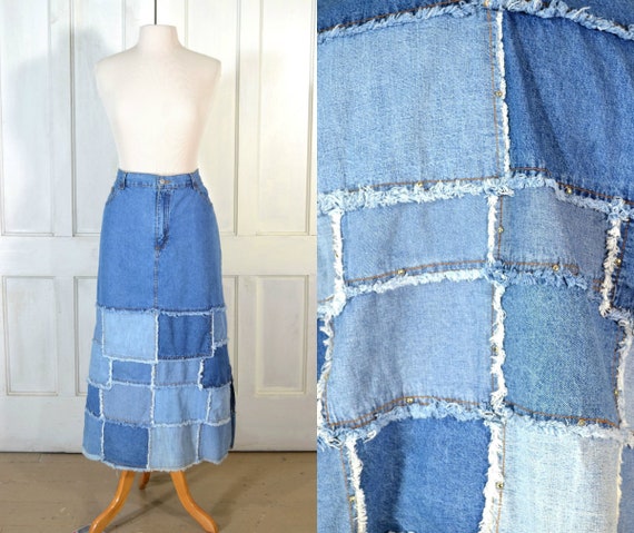 90s Vintage Denim Patchwork Skirt - Jean Skirt - R