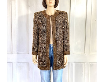 Vintage Beaded Silk Jacket Gold Black - Black Jacket - Beaded - Sequins - Niteline By Della Roufogali